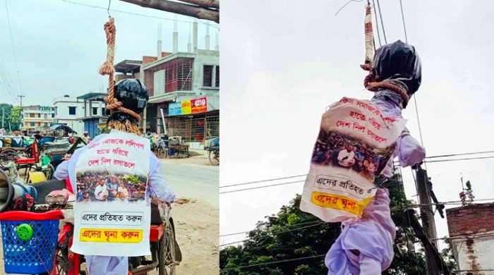 গাংনীতে বিদ্যুতের তারে এনসিপি কেন্দ্রীয় নেতাদের ঝুলন্ত কুশপুত্তলিকা